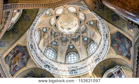 Turin, Italy - December 31, 2015: Royal Church of San Lorenzo interior in Turin Italy. The present church was designed and built by Guarino Guarini during 1668-1687.