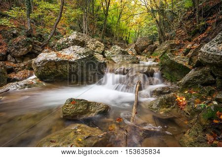 Beautiful autumn landscape with mountain river and colorful trees with green red yellow and orange leaves. Mountain forest in Crimea.