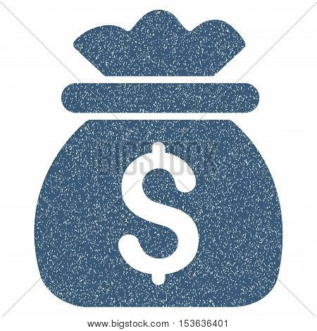 Money Bag grainy textured icon for overlay watermark stamps. Flat symbol with dust texture. Dotted vector blue ink rubber seal stamp with grunge design on a white background.