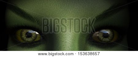Closeup of green witch eyes 3D rendering.