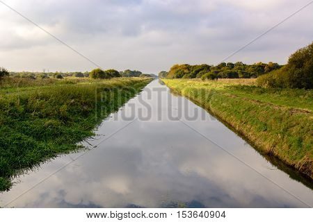 South Drain at Shapwick Heath National Nature Reserve. Straight dyke draining landscape of Avalon Marshes on the Somerset Levels Somerset UK