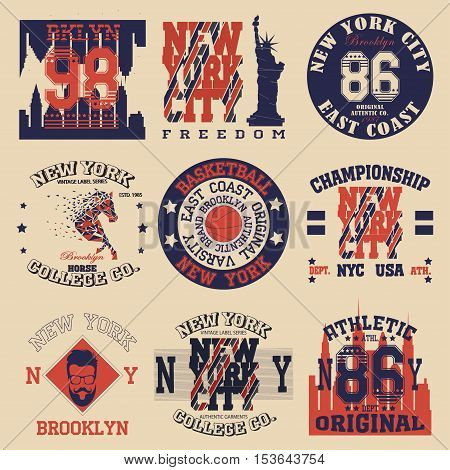 New york Brooklyn sport typography t-shirt freedom set - vector