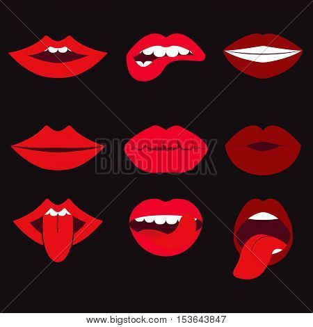 Red and rose kissing and smiling lips with tongue isolated decorative icons for party presentation - vector