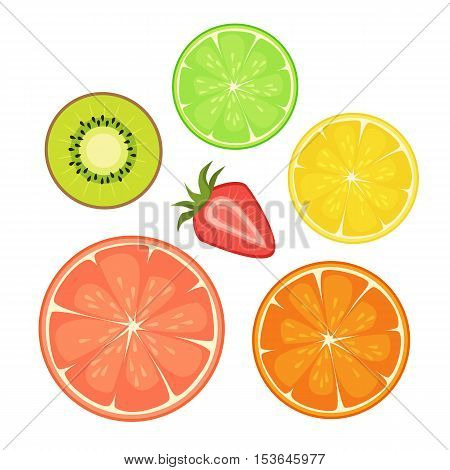 Vector illustration set with citrus strawberry and kiwi. Fresh summer collection.