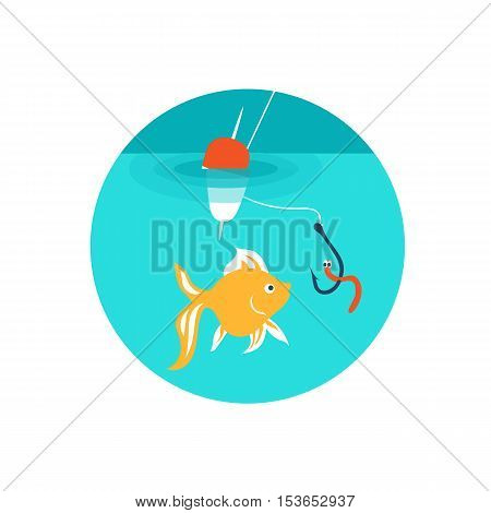 Vector illustration. Fishing. Goldfish are biting the bait on the hook.
