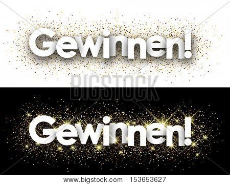 Win paper banner with shining sand, German. Vector illustration.