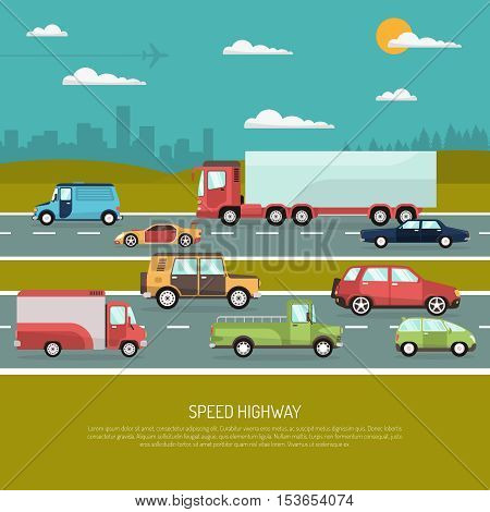 Speed highway design concept with view side of different types of passenger cars and trucks flat vector illustration