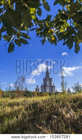 View of the Moscow Lomonosov State University in autumn.