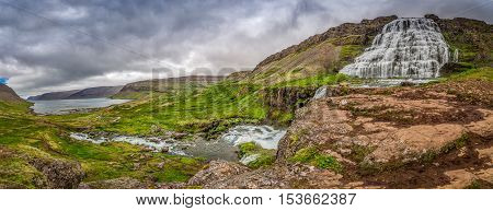 Panorama of waterfall Dynjandi in Iceland in summer