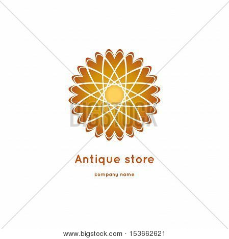 Luxury logotype for antique store. Ornamental vector symbols. Volumetric golden big bud. Isolated abstract colorful vector logo. Vector vintage mandala logo. Kaleidoscope flower.