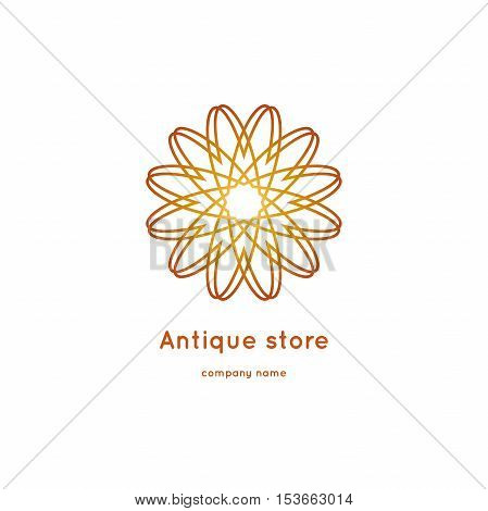 Luxury logotype for antique store. Ornamental vector symbols. Volumetric golden big bud. Isolated abstract colorful vector logo. Vector vintage mandala logo. Kaleidoscope flower.