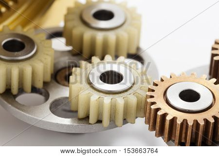 gear plastic brass Stainless steel on white background