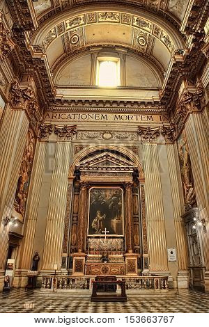 ROMA ITALY APRIL 11 2016 : Interiors and architectural details of Sant Andrea della Valle basilica with fresco by Giovanni Lanfranco (1621- 1625) and four Evangelists by Carracci school (17. cent.) april 11 2016 in Rome Italy.