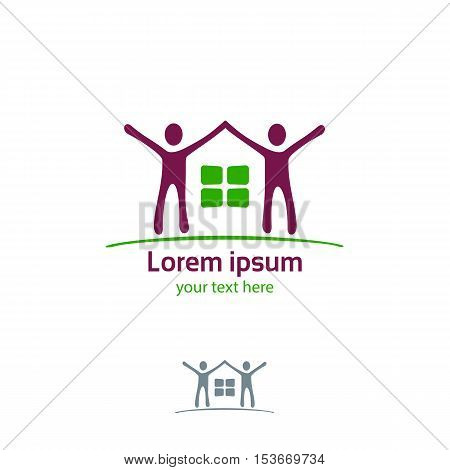 Silhouette Of The House And Joyful People Vector Logo Template. House And People Vector Icon. House