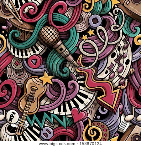 Cartoon Cute Doodles Hand Drawn Musical Seamless Pattern Colorful Detailed With Lots Of Objects