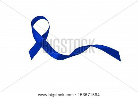 Dark blue ribbon awareness. Symbolic concept of concern awareness campaign to help people living W/ the disease is cancer of the rectum. Dark blue ribbon isolated on white background.