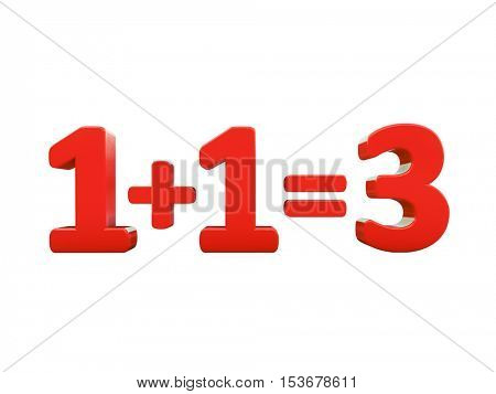 3d Render: Business Synergy Concept 1+1=3, 3d Sign on White Background