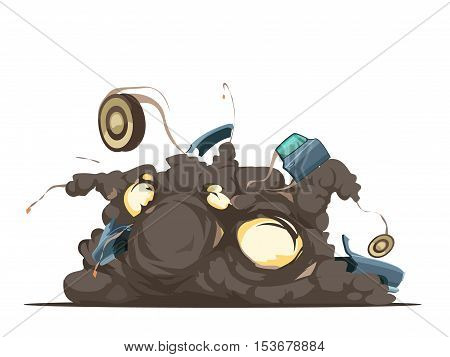 Remote controle car bom explosion  detonation moment with flying debris at blast site retro cartoon poster vector illustration