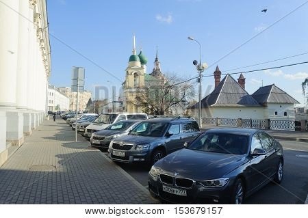MOSCOW - OCTOBER 25: Car parking on Varvarka street on October 25 2016 in Moscow. Varvarka is one of the oldest and most famous streets of Moscow.