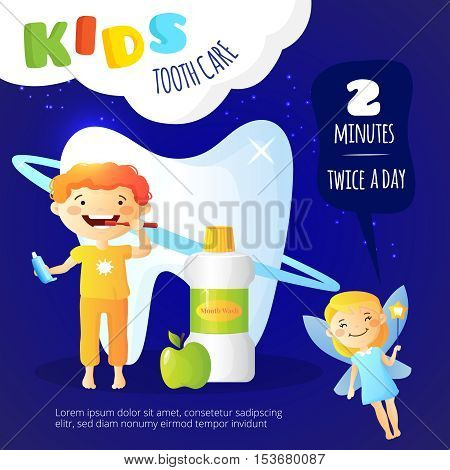 Kids dental care poster with mouth wash and tooth fairy symbols flat vector illustration