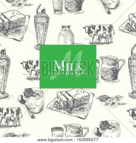 Vector illustration colorful seamless pattern with dairy products. Different sorts of dairy products