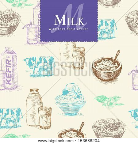 Vector illustration colorful seamless pattern with dairy products. Different sorts of dairy products