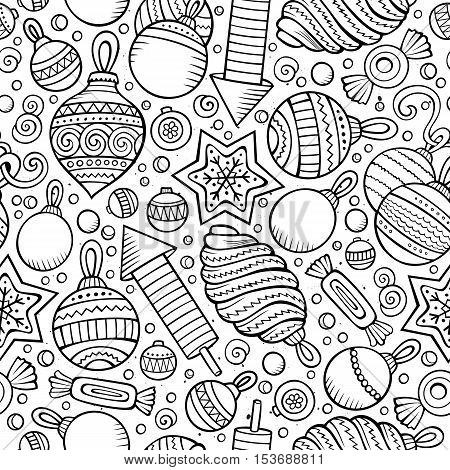 Cartoon cute hand drawn Xmass seamless pattern. Line art with lots of objects background. Endless funny vector illustration