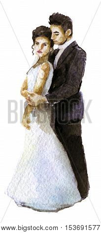 watercolor sketch of bride and groom on white background