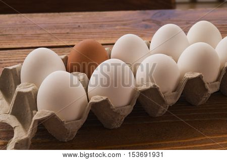 White and brown hen's eggs in an opened box with natural light.