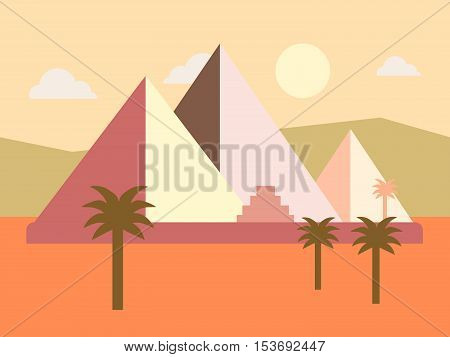 Desert Egypt Pyramids Sunset Flat Vector Illustration. Africa