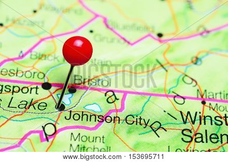 Johnson City pinned on a map of Tennessee, USA