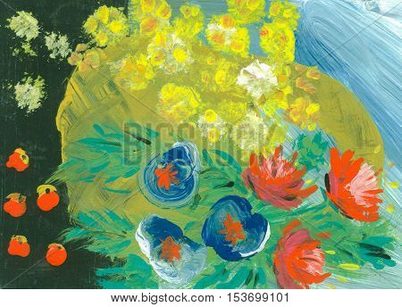 abstract gouache bright colorful background with flowers