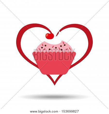 heart cartoon sweet cup cake pink chips and cherry icon design vector illustration