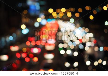 Blur city night traffic jams on road in Bangkok Thailand. Blur night lights background.