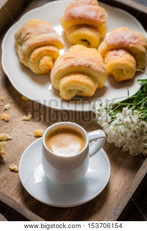 Breakfast In Bed With Espresso, Flower And Croissant