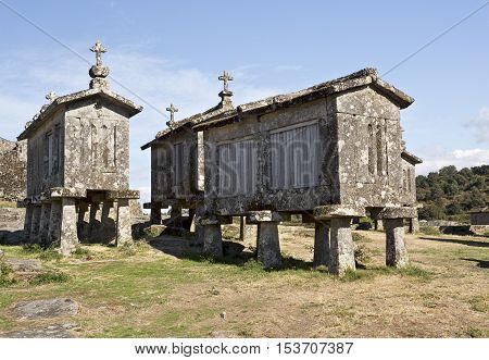 Detail of the communitarian granaries called espigueiros in the village of Lindoso Peneda National Park Northern Portugal