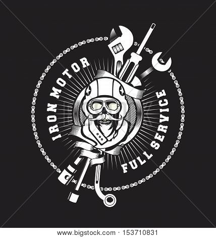 vector emblem garage skull helmet around tools black and white