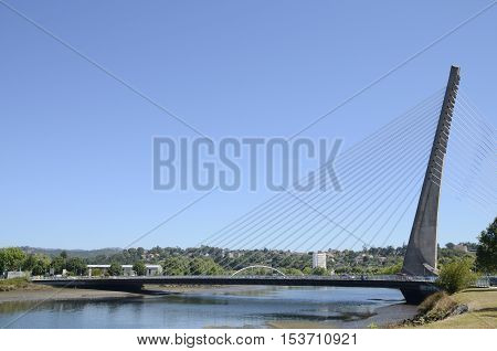 PONTEVEDRA, SPAIN - AUGUST 6, 2016: Cable stayed bridge over the river Lerez in Pontevedra Spain.