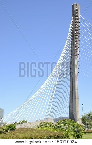 PONTEVEDRA, SPAIN - AUGUST 6, 2016: Cable stayed bridge over the river Lerez in Pontevedra Spain.