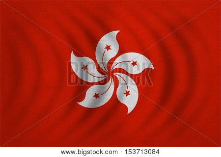 Hong Kongese official flag. Patriotic chinese symbol banner element background. Hong Kong is special region of PRC. Correct colors. Flag of Hong Kong wavy fabric texture accurate size illustration