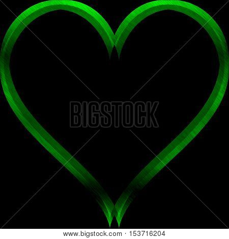 Abstract green heart lighting on black background with space for text