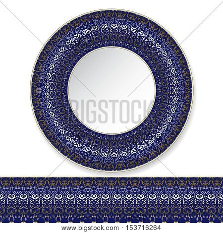 Vector illustration of a blue plate with gold pattern