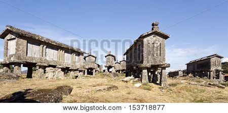 Detail of the communitarian granaries called espigueiros in the village of Lindoso Peneda National Park Northern Portugal