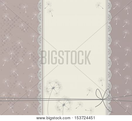 Wedding invitation with cute taraxacum. Unique Greeting card with stylish lace frame.