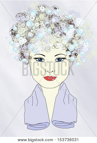 Illustration of a girl with shampoo in her hair and a towel around her neck