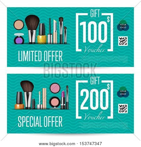 Special offer coupon or gift voucher. Cosmetic voucher layout. Fashion voucher. Cosmetics product sale voucher. Promo voucher. Design of voucher. Promo coupon or voucher. Voucher. Cosmetic voucher template vector. Gift voucher layout or discount voucher.
