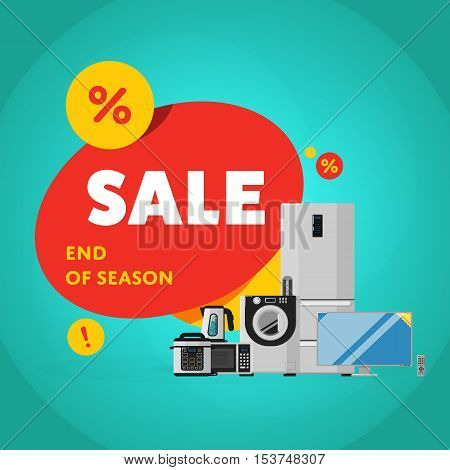 Household appliances discount season sale banner vector illustration. Sale tag, discount symbol, retail sticker. Advertisement campaign on kitchen electro technics. Exclusive offer. Special price