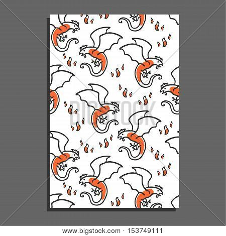 Greeting card with basilisk and flames. Cute childish illustration. Backgound with cartoon mythical beast. Rooster with wings