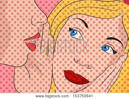 Pop art vector illustration with two gossiping girls.
