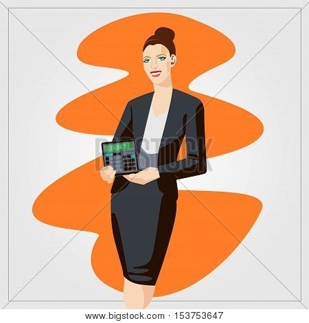 Vector business finance illustration with woman showing calculator in the office. Comic style artwork